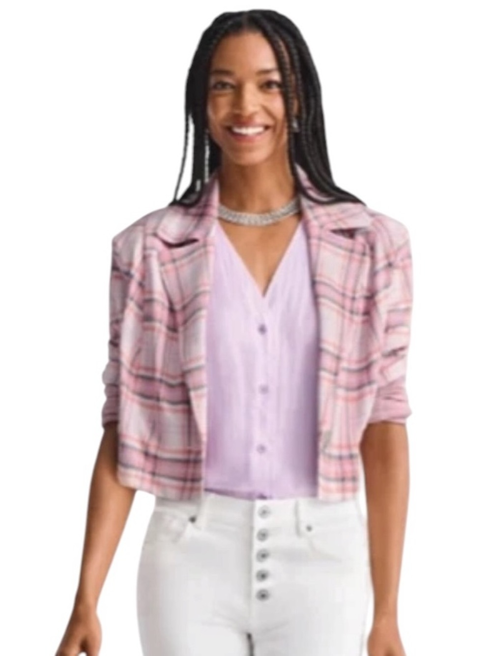 CABI style #6257 Play Date Jacket pink/lavender plaid 1 button crop blazer sz M